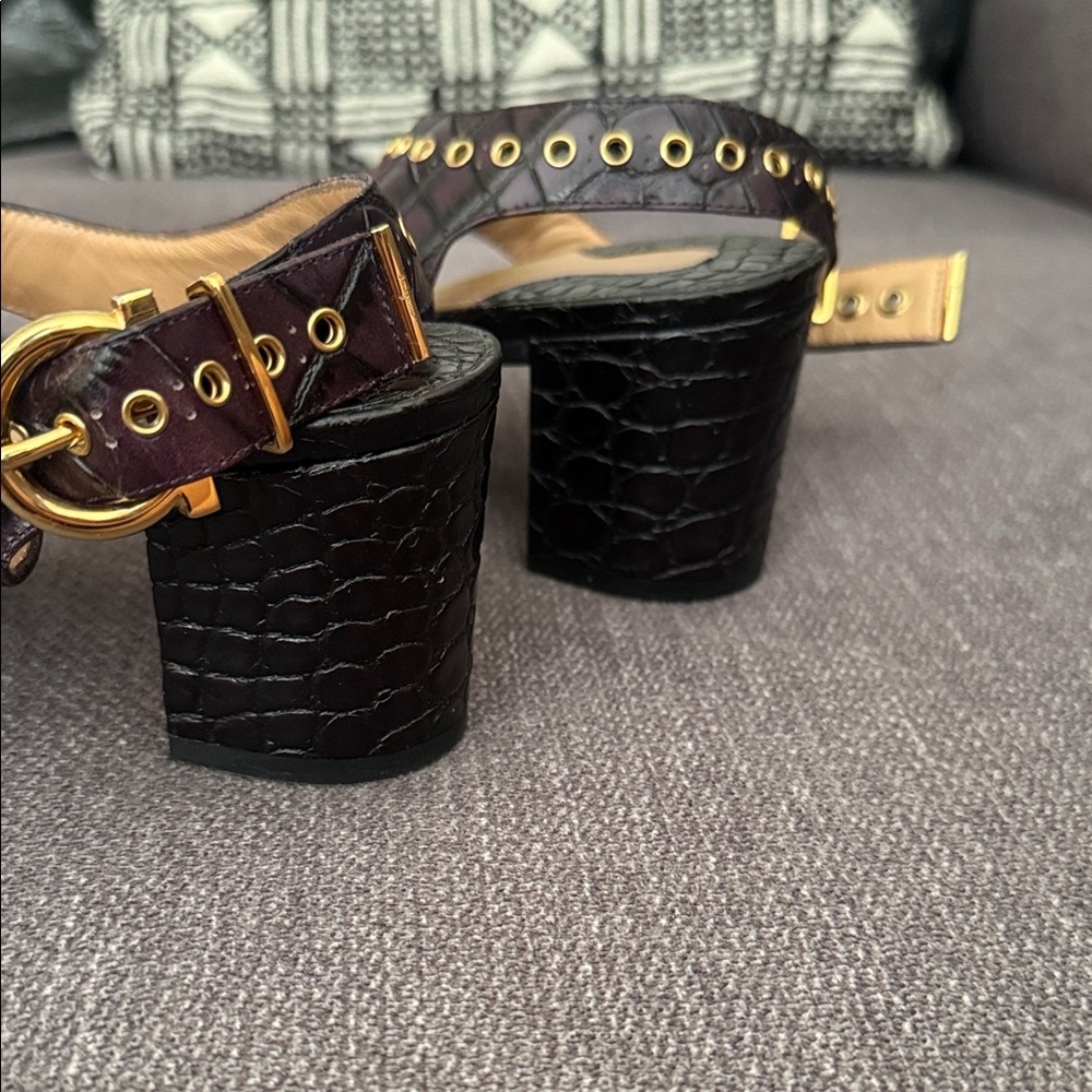 Salvatore Ferragamo Black and Purple Embossed Sandals - Picture 6 of 12